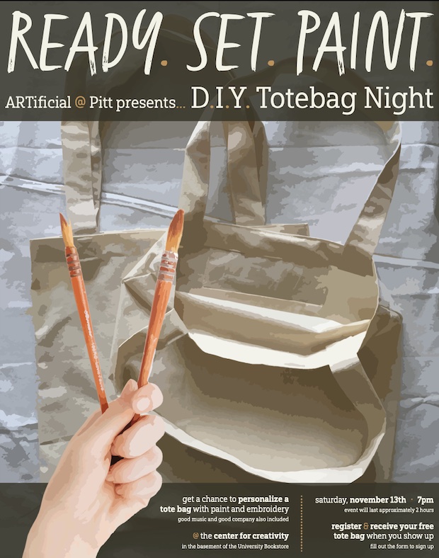 Flier advertising fake art club DIY totebag event. The color palette is largely warm browns and gold, with the background image being of two blank totebags. In the foreground, a hand holding two paintbrushes hovers, ready to paint.