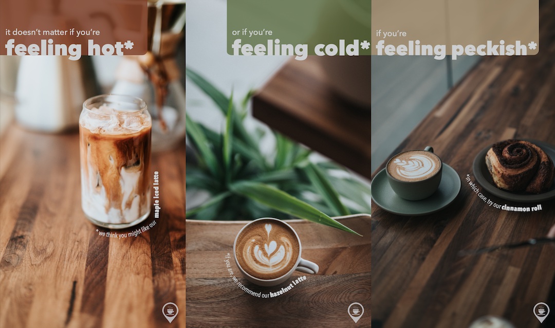 First 3 out of 5 panels of an Instagram ad story for fake coffee shop. Imagery used for all five frames is warm, high quality photos of different coffee drinks, giving a trendy, hipster coffee shop feel.