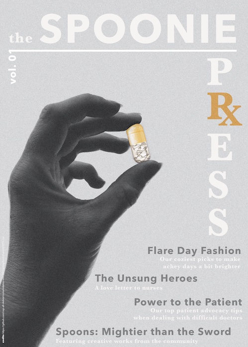 Fake cover for a magazine called "Spoonie Press" about chronic illness. The R in "Press" is a prescription Rx symbol. A grayscale hand holds up a small pill filled with spoons as the cover image.