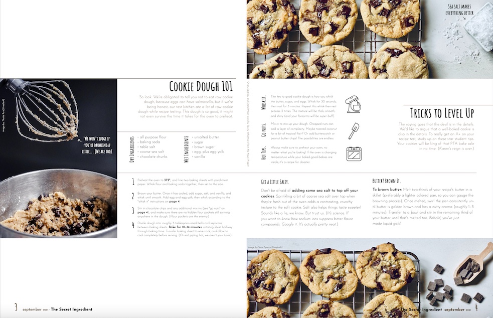 Spread for fake baking magazine about making cookie dough. The spread is minimalistic, with headers in a playful but neat handwritten font. High quality images of cookies and cookie dough play with negative space in inverse ways across the two pages.