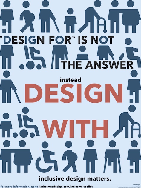 Poster advocating for designing with rather than designing for. Background is made up of a pattern of icon bodies with different ability/disability statues. The palette is largely blues, but the text "DESIGN WITH" stands out in bright red.