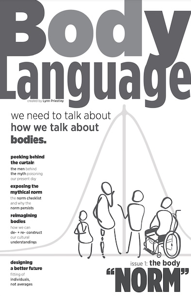 Cover for a zine titled "Body Language", about body norms. The cover is in graysclae, with several line art bodies of different ability/disability statuses. In the background, there is a faint impression of the bell curve.