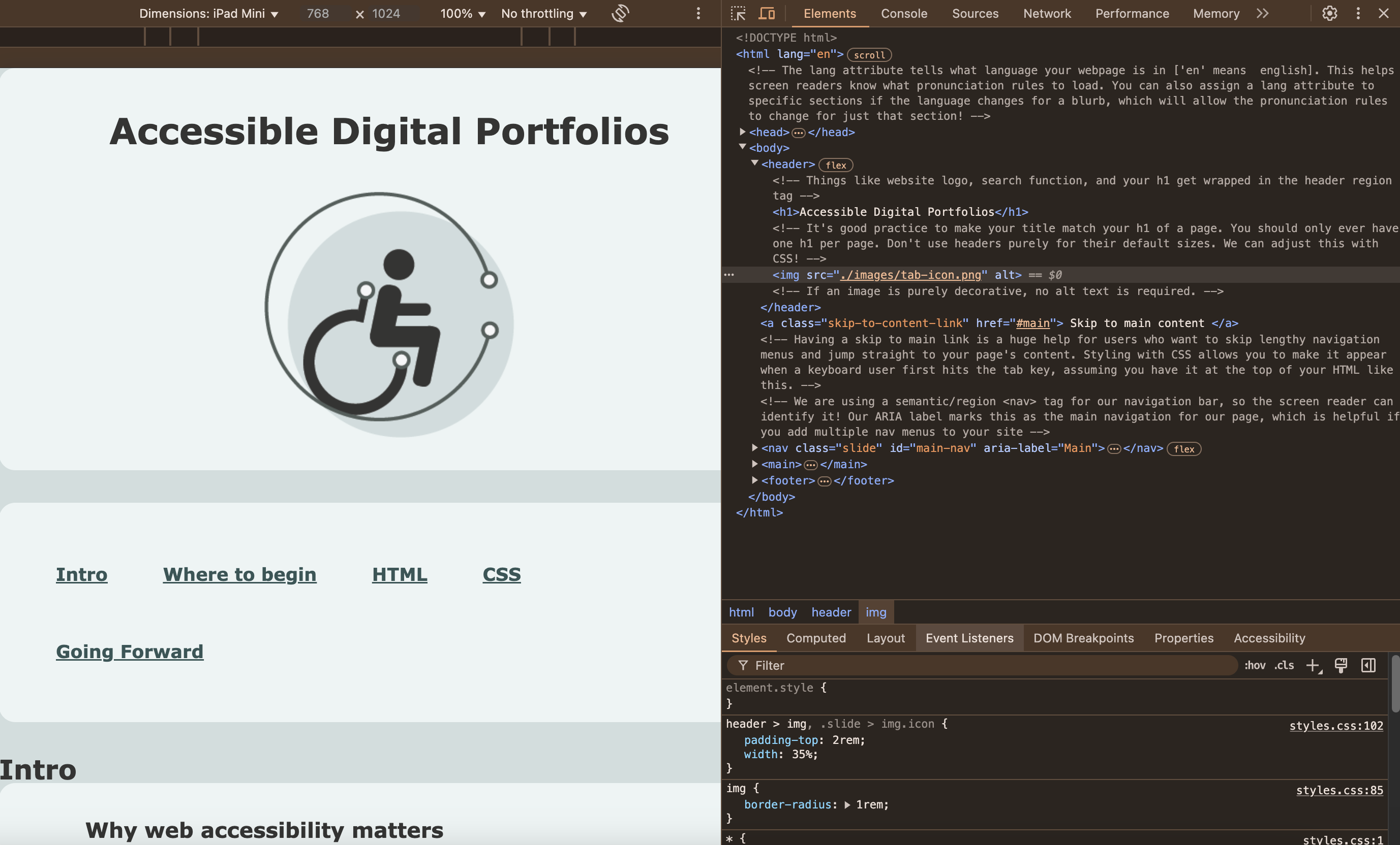 Screenshot of Accessible Digital Portfolio demo pulled up in browser Inspect mode. The left side shows the view of the demo in the browser as a How To/slide-like guide. The right side shows the HTML that coded the view, covered with comments explaining the code.