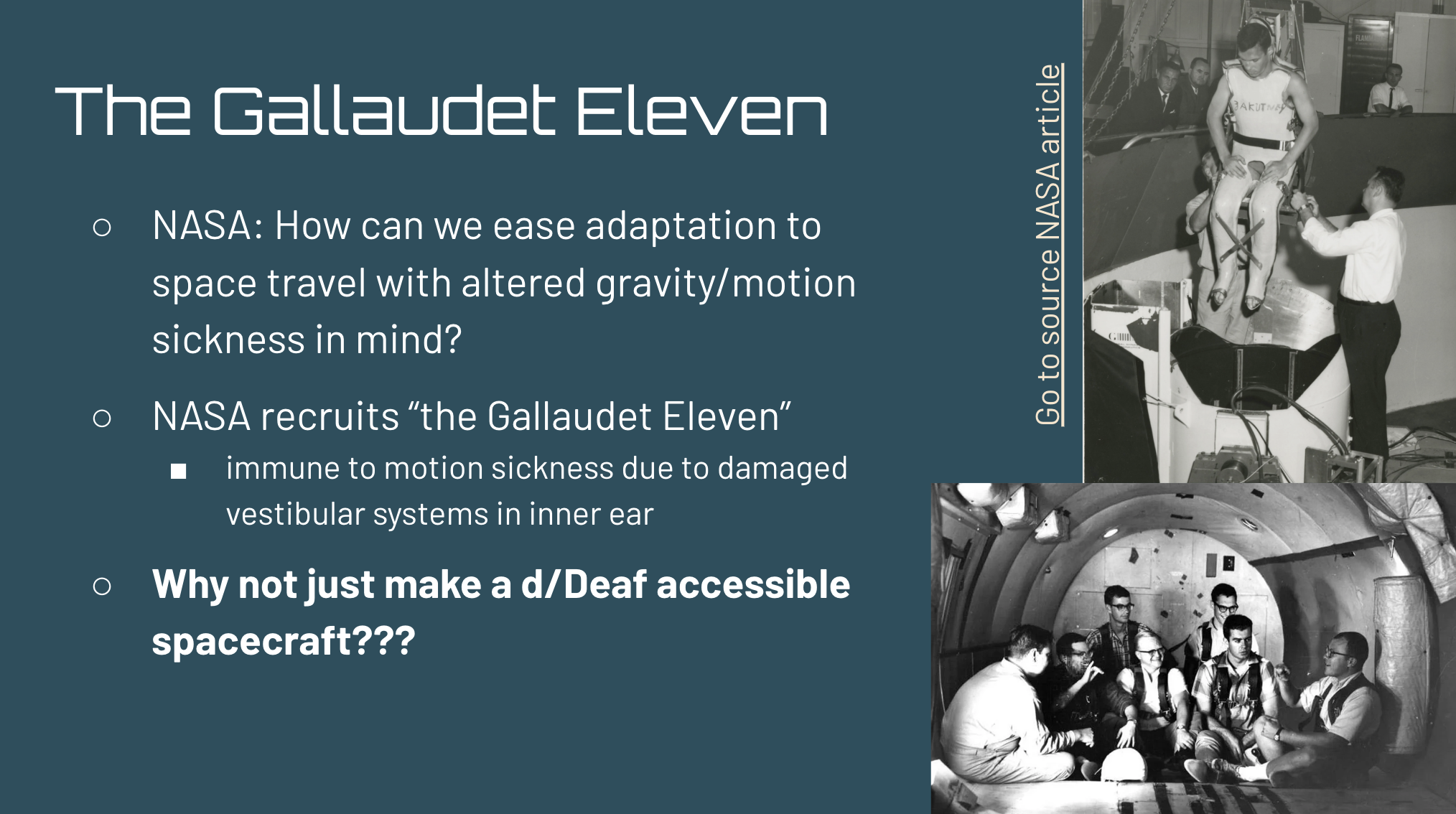Teal and white slide discussing the story of the Gallaudet Eleven, with black and white photos of the Gallaudet recruits.