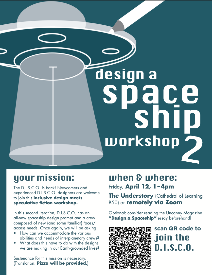 Background of the flier features a blueprint sketch of a UFO, with a measurement of its beam being taken. A gray and white pencil comes out of the top of the flier's frame to add detail to the UFO sketch. The flier advertises the second run of the Design a Spaceship Workshop.