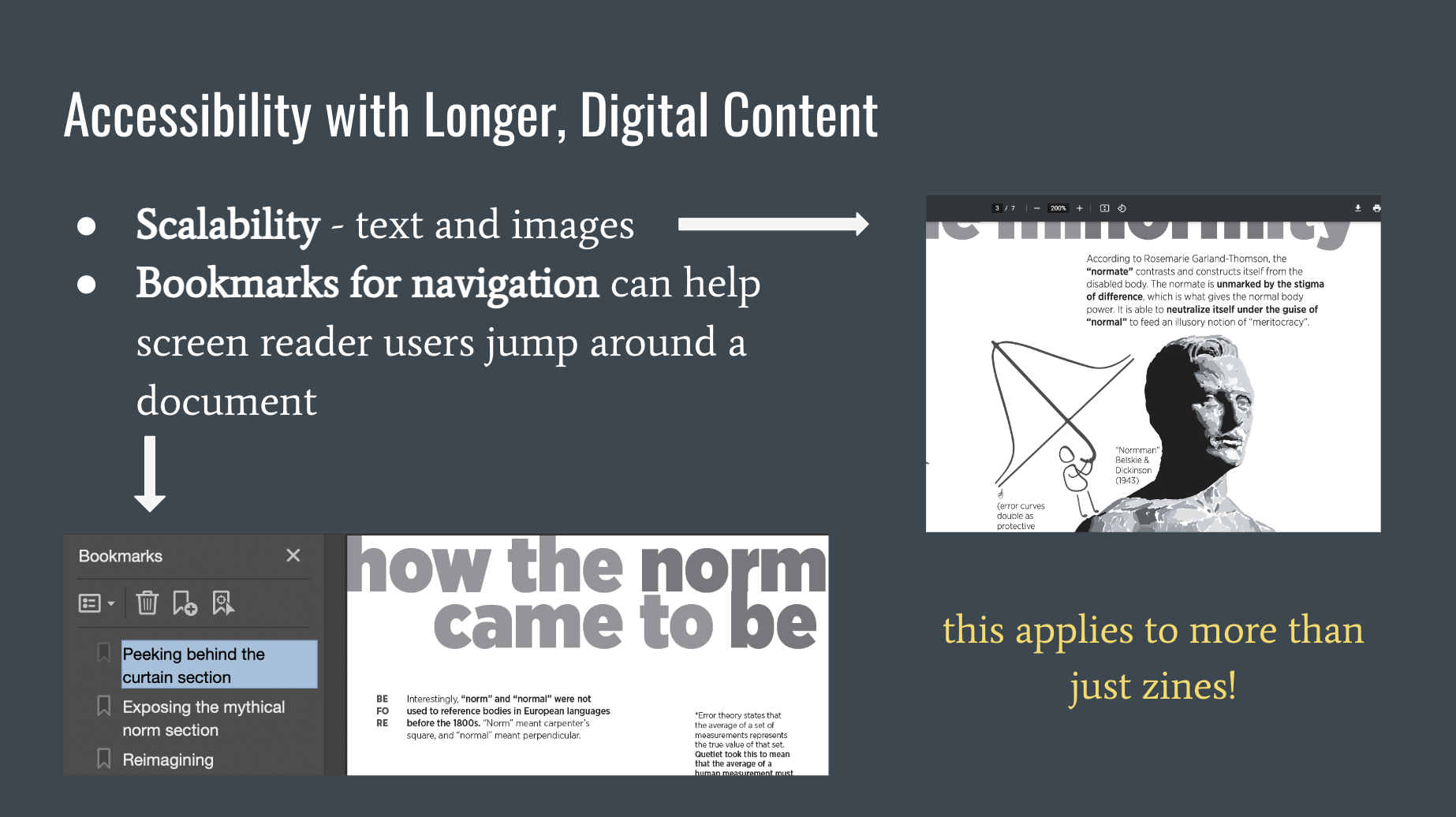 Slide explaining two points of accessibility with long-form digital content: making bookmarks in the PDF, and making sure pages scale well